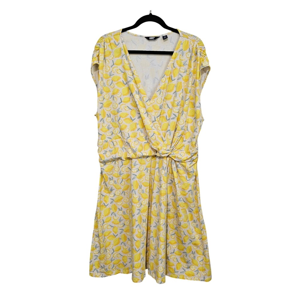 Lands End 2X Yellow Lemon Print Dress Twist Front Faux Wrap Euro‎ Summer Knit